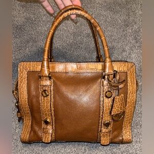 Michael Kors Brown Croc Embossed Leather Satchel Early 2010s MK Hangtag